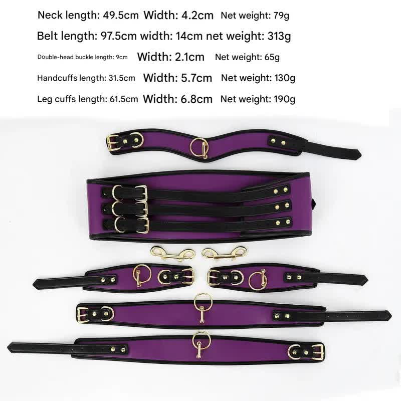 PU Leather Bondage Restraint Set - Collar Waist Belt Cuffs & Connectors (Red)