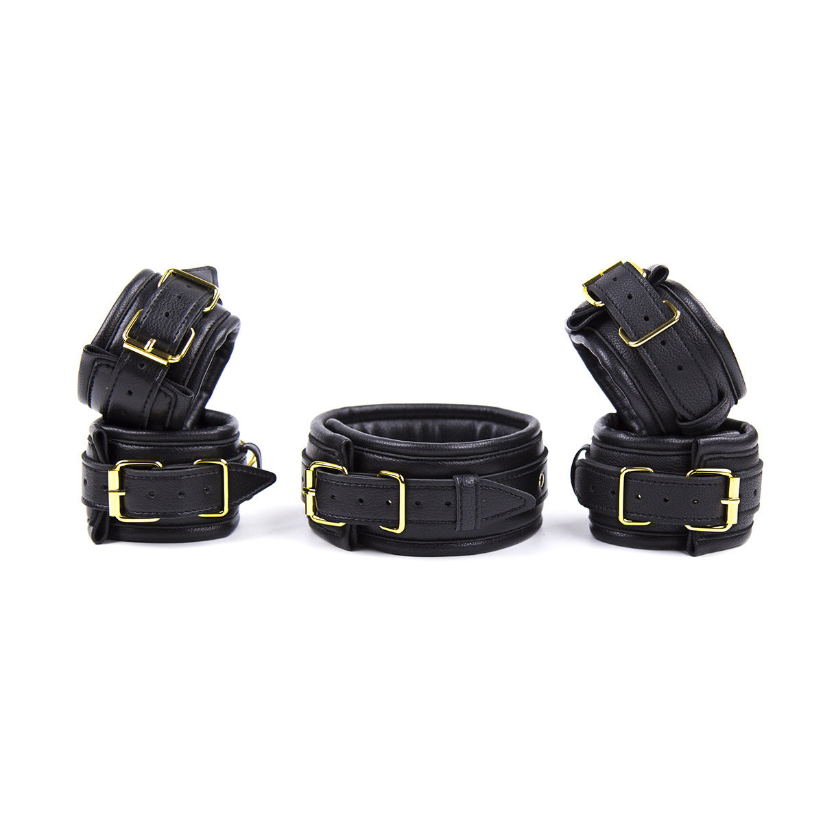 PU Leather Padded Collar Handcuffs & Ankle Cuffs Set with Leash (Black)