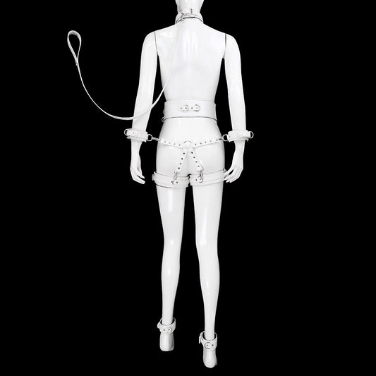 PU Leather Bondage Restraint Set - Collar Leash Cuffs & Harness (White)