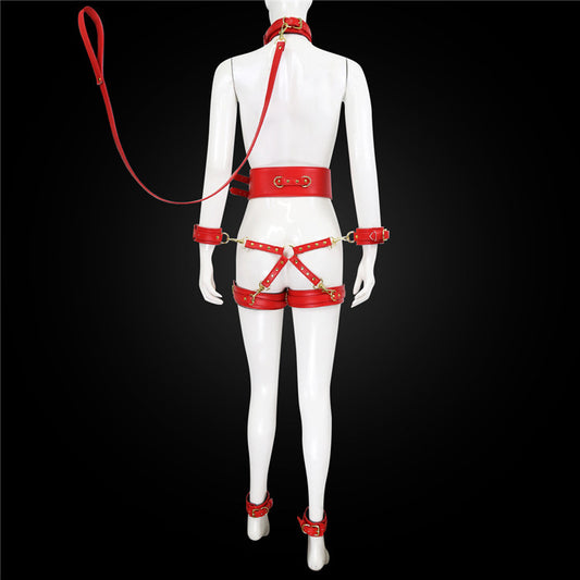 PU Leather Bondage Restraint Set - Collar Leash Cuffs & Harness (Red)