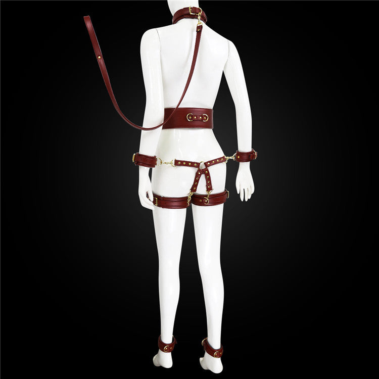 PU Leather Bondage Restraint Set - Collar Leash Cuffs & Harness (Coffee)
