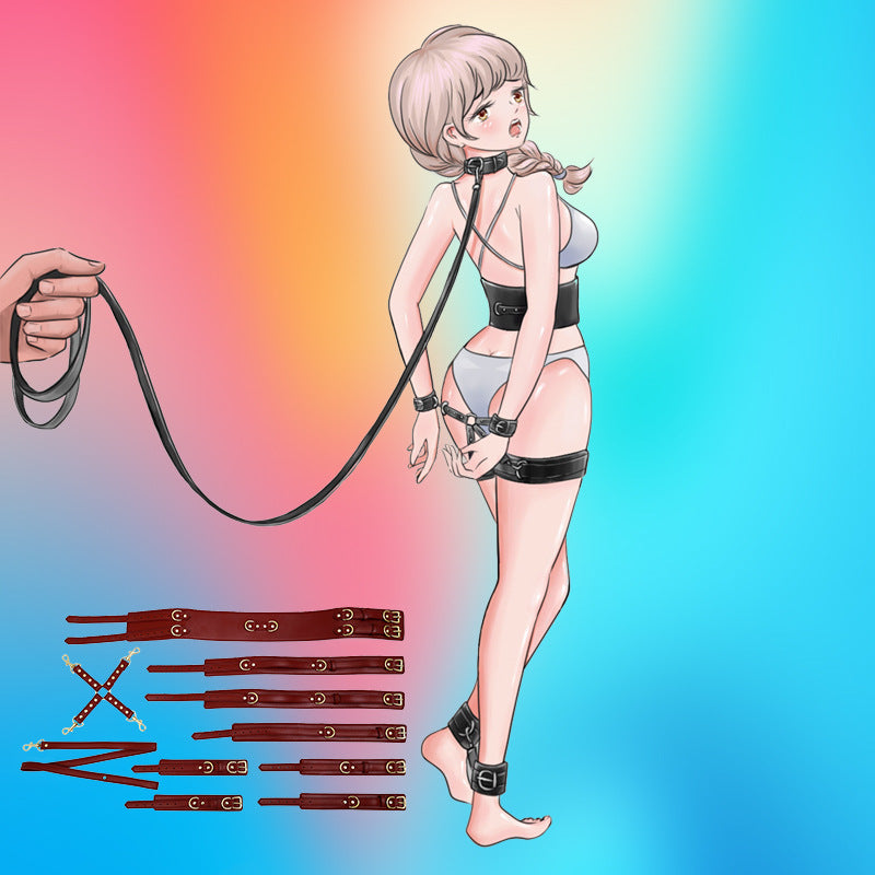 PU Leather Bondage Restraint Set - Collar Leash Cuffs & Harness (Coffee)