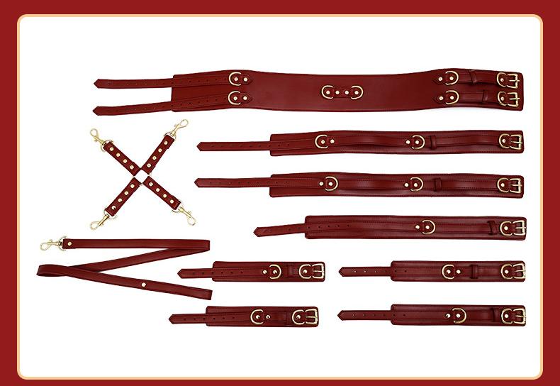 PU Leather Bondage Restraint Set - Collar Leash Cuffs & Harness (Coffee)