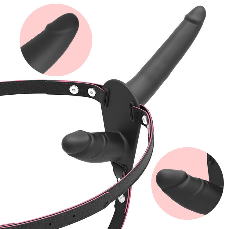 Black Dual-Ended Silicone Strap-On Dildo with Adjustable Leather Harness