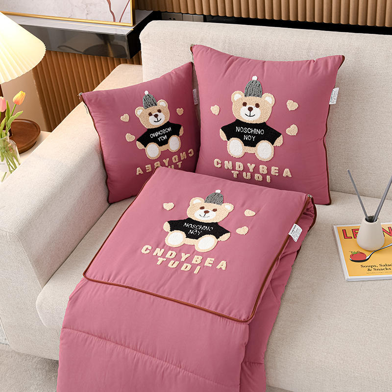 Pink Cap Bear 2-in-1 Car Pillow Blanket - Foldable Travel Cushion