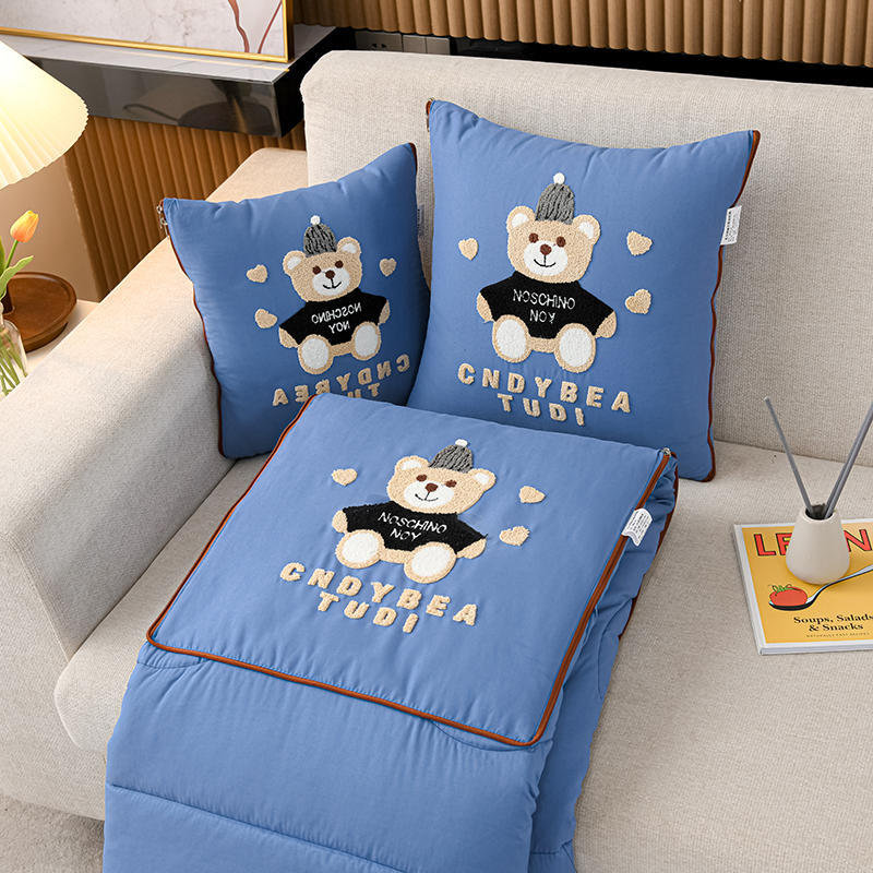 Blue Cap Bear 2-in-1 Car Pillow Blanket - Foldable Travel Cushion