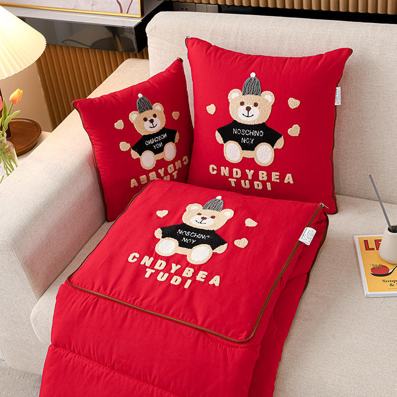 Red Cap Bear 2-in-1 Car Pillow Blanket - Foldable Travel Cushion