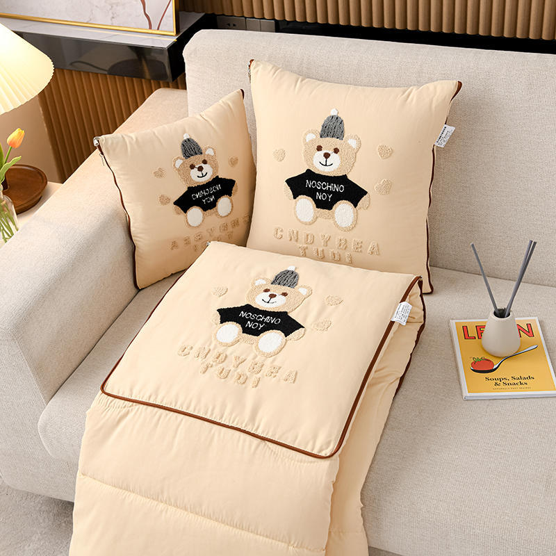 Beige Cap Bear 2-in-1 Car Pillow Blanket - Foldable Travel Cushion