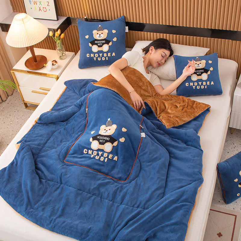 Navy Blue Hat Bear 2-in-1 Car Pillow Blanket - Padded Foldable Travel Cushion