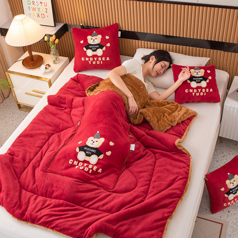 Wine Red Hat Bear 2-in-1 Car Pillow Blanket - Padded Foldable Travel Cushion
