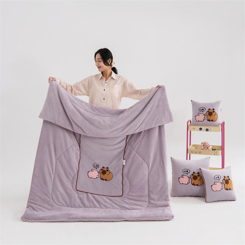 Light Pink Kapybara 2-in-1 Car Pillow Blanket - Foldable Travel Cushion