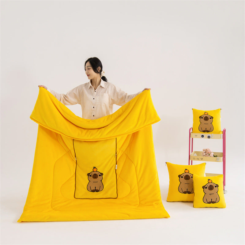 Yellow Kapybara 2-in-1 Car Pillow Blanket - Foldable Travel Cushion