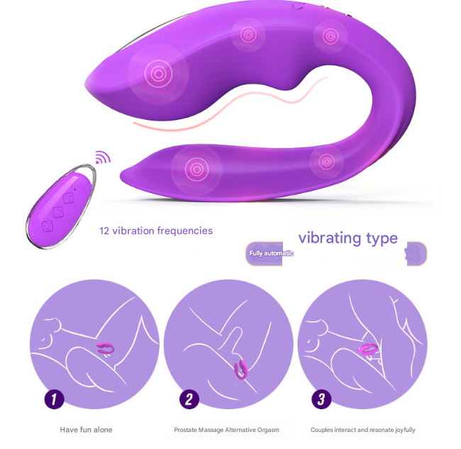 Red BlissLink U-Shaped Couple's Vibrator with Remote - 12 Modes