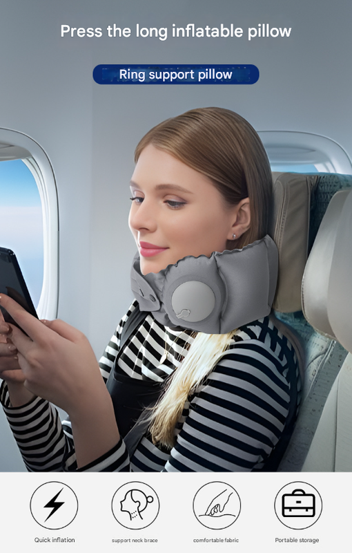 Light Grey Press-Pump Inflatable Travel Pillow - Ultra-Lightweight Ergonomic 360° Neck Support