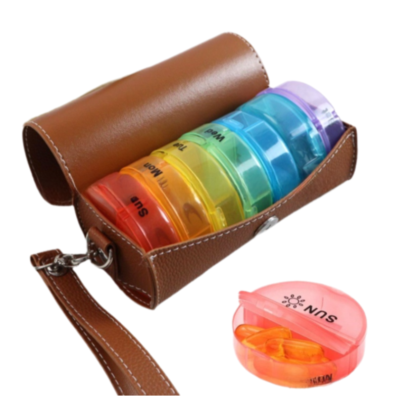 7-Day Travel Pill Organizer - Brown PU Leather Pouch 14 Compartments AM/PM