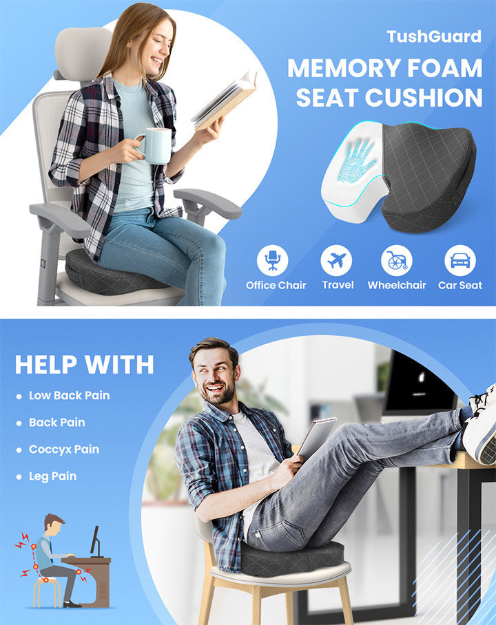 Dark Grey Memory Foam Seat Cushion – Ergonomic Support for Office, Car, Wheelchair, and Home Use