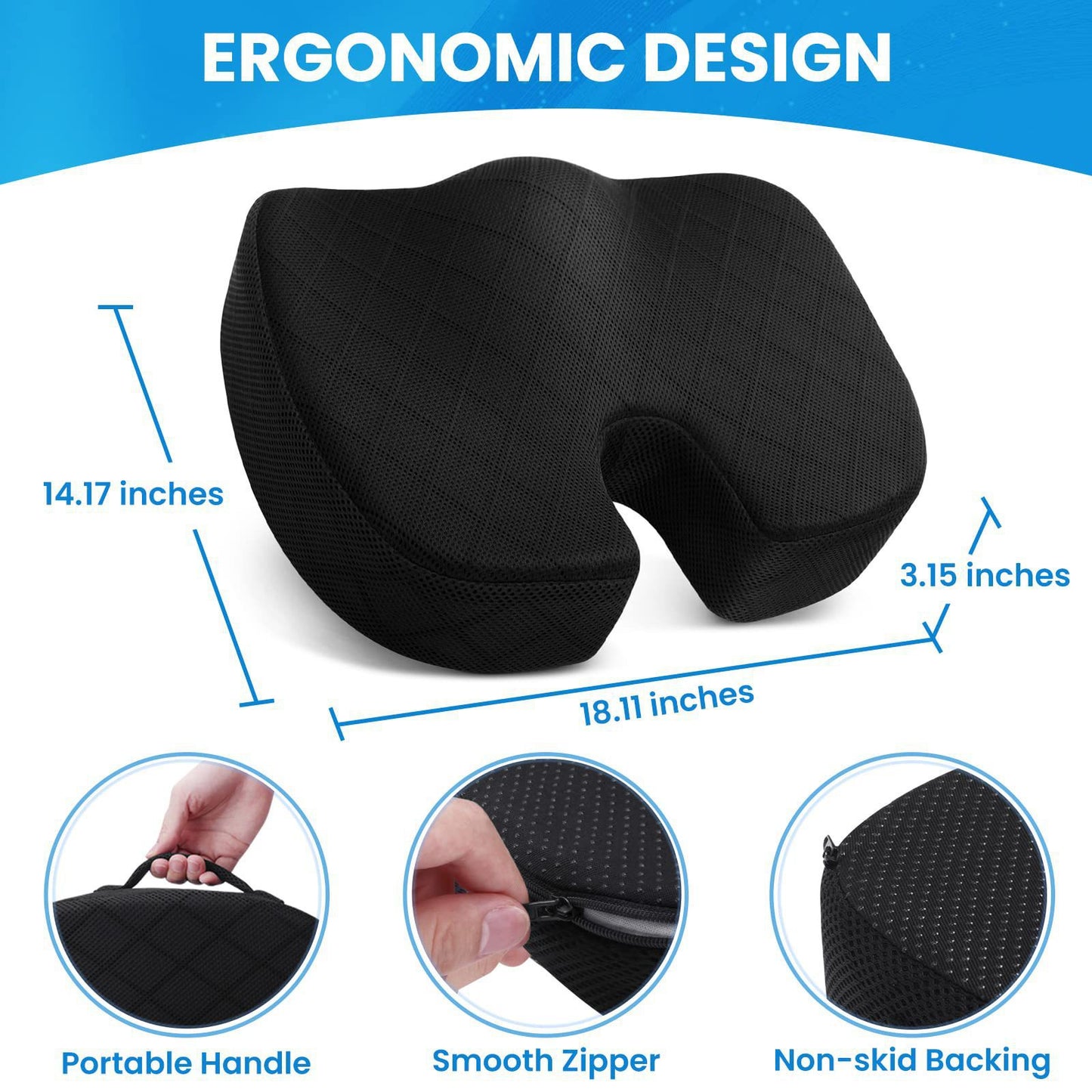 Dark Grey Memory Foam Seat Cushion – Ergonomic Support for Office, Car, Wheelchair, and Home Use