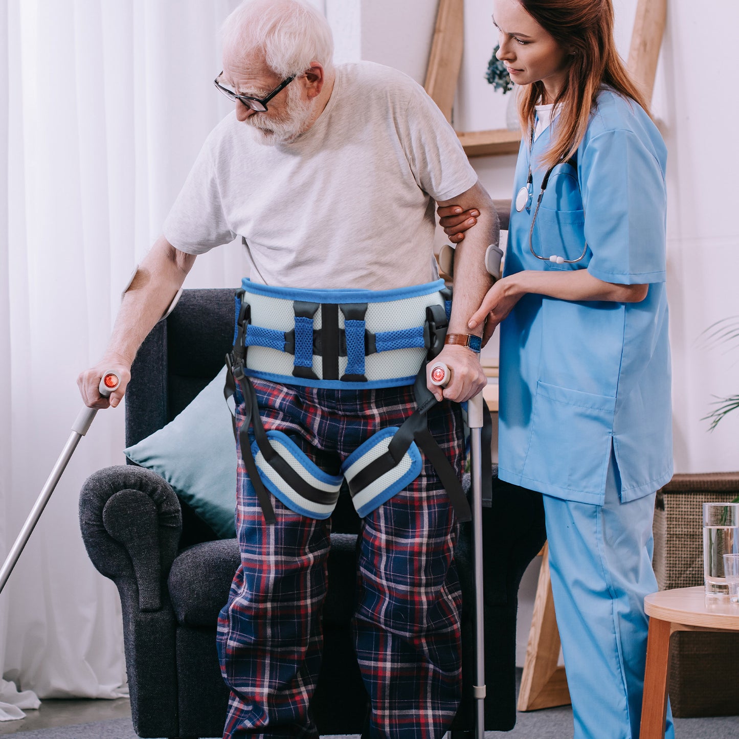 Size S Blue Rehab Waist Belt - Gait & Transfer Aid for Elderly & Post-Stroke