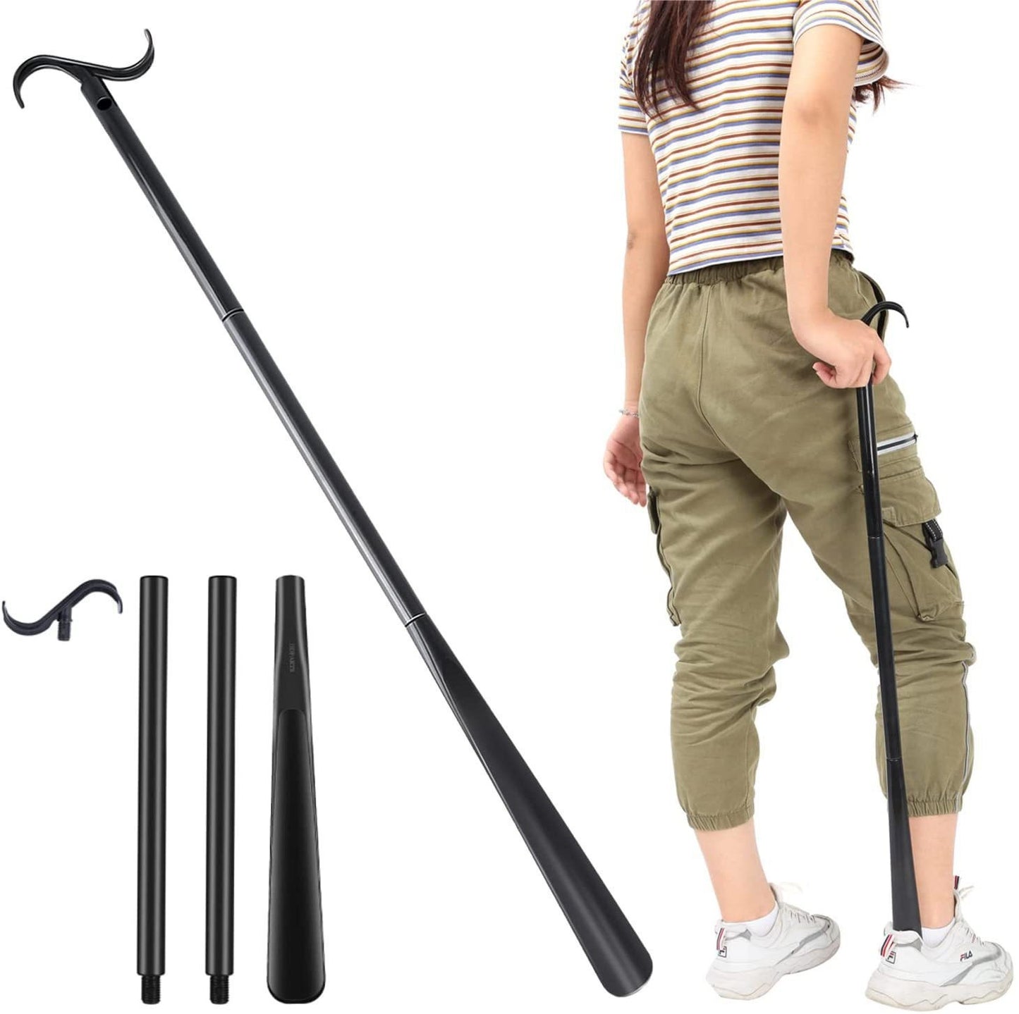 2-Pack Black Dressing Aid Stick & Long-Handled Shoe Horn Adjustable 62-88cm