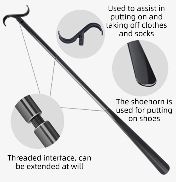 2-Pack Black Dressing Aid Stick & Long-Handled Shoe Horn Adjustable 62-88cm