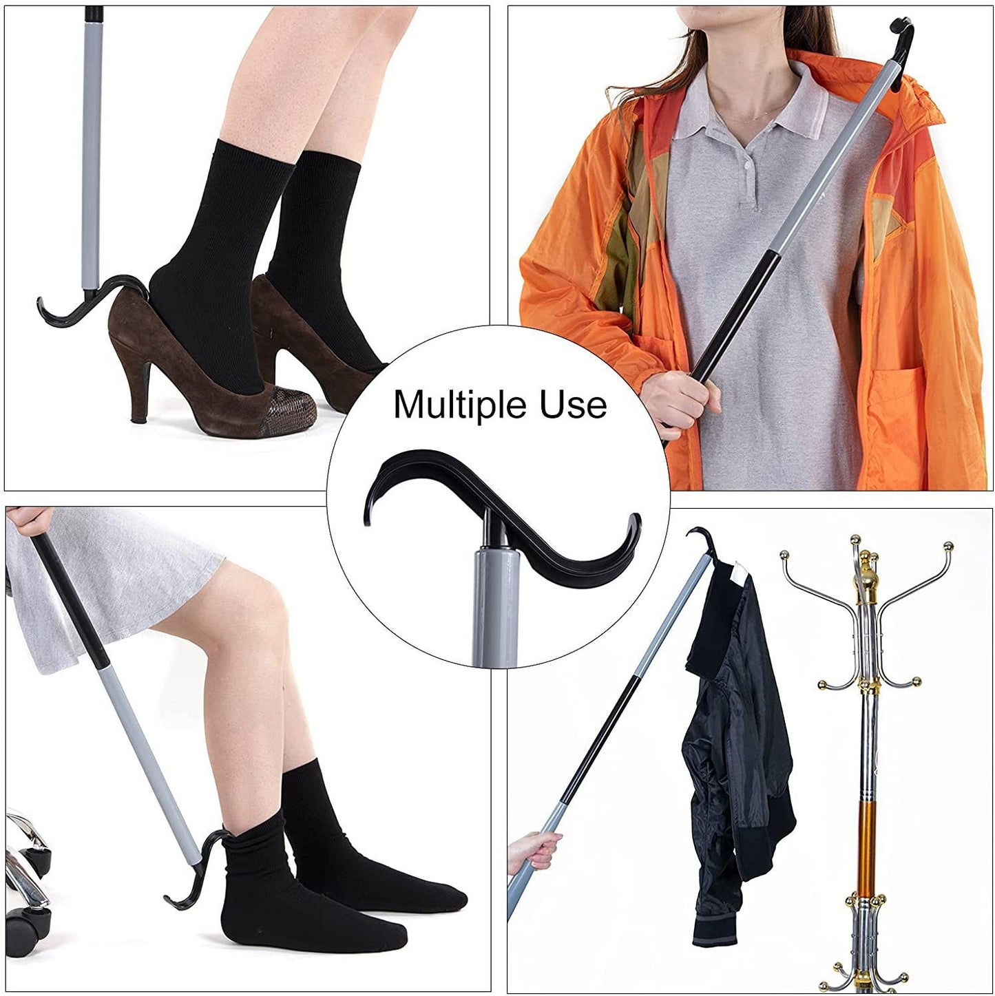 2-Pack Black Dressing Aid Stick & Long-Handled Shoe Horn Adjustable 62-88cm
