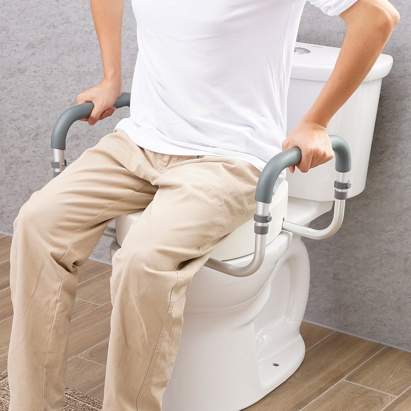 Raised Toilet Seat,88.9 mm Height Raised, 136 kg Weight Capacity, for Standard Round Toilet, Aluminum Handrail, with EVA Armrest Padding, for Elderly, Handicap, Patient, Pregnant, Medical