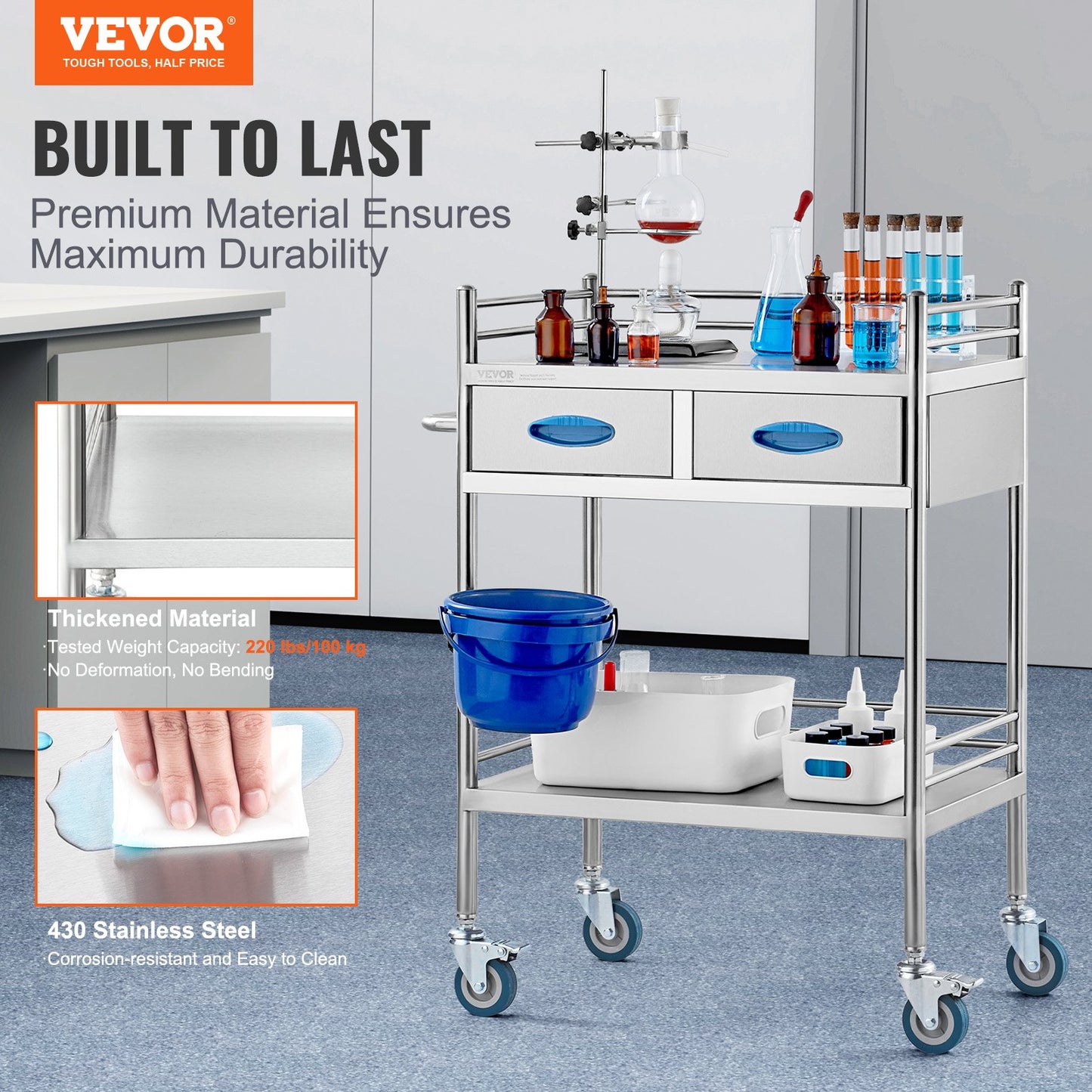 Stainless Steel Medical Utility Cart 2 Tier Rolling Trolley with Drawers Lockable Wheels