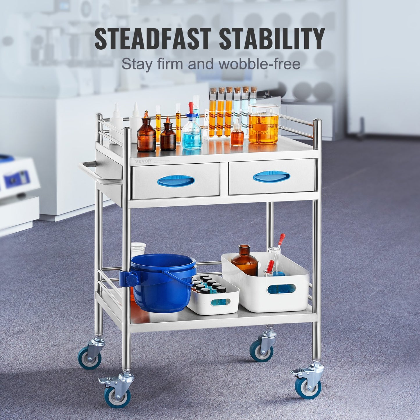 Stainless Steel Medical Utility Cart 2 Tier Rolling Trolley with Drawers Lockable Wheels