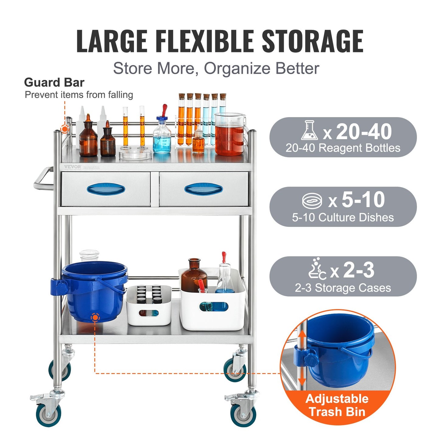 Stainless Steel Medical Utility Cart 2 Tier Rolling Trolley with Drawers Lockable Wheels
