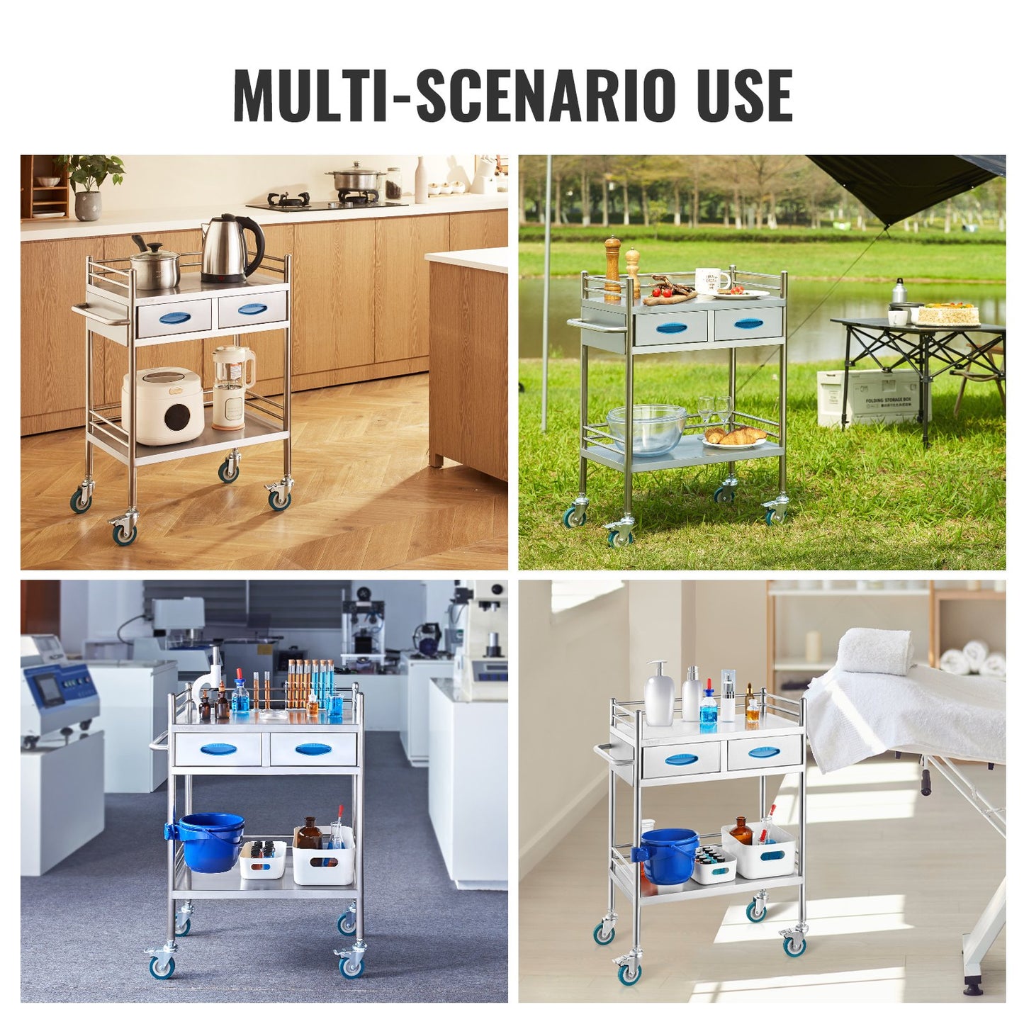 Stainless Steel Medical Utility Cart 2 Tier Rolling Trolley with Drawers Lockable Wheels