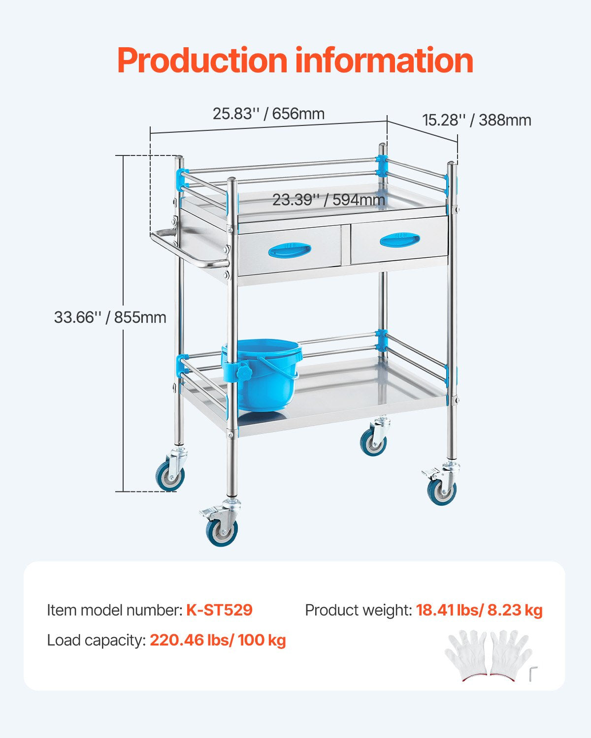 Stainless Steel Medical Utility Cart 2 Tier Rolling Trolley with Drawers Lockable Wheels