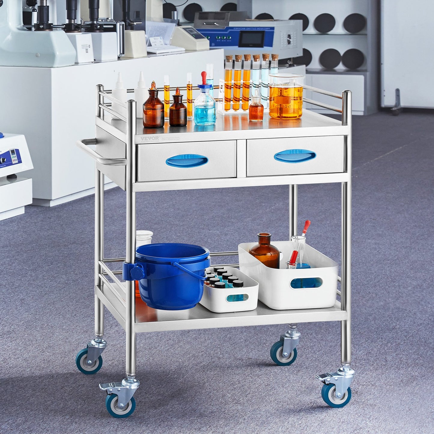 Stainless Steel Medical Utility Cart 2 Tier Rolling Trolley with Drawers Lockable Wheels