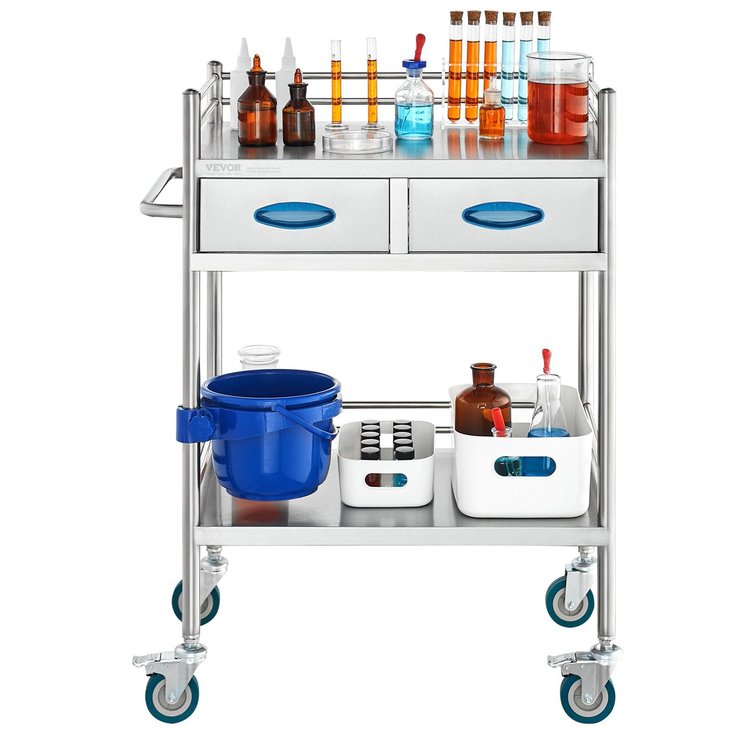 Stainless Steel Medical Utility Cart 2 Tier Rolling Trolley with Drawers Lockable Wheels
