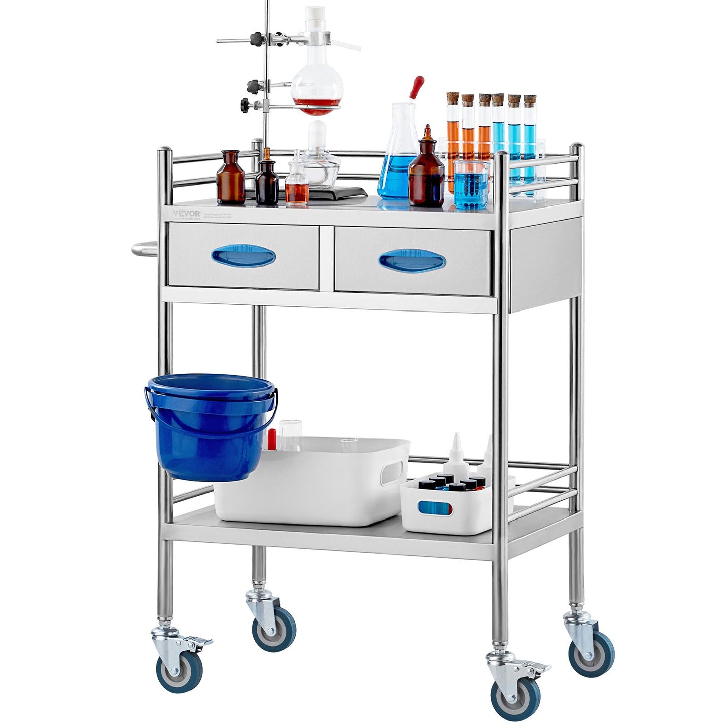 Stainless Steel Medical Utility Cart 2 Tier Rolling Trolley with Drawers Lockable Wheels