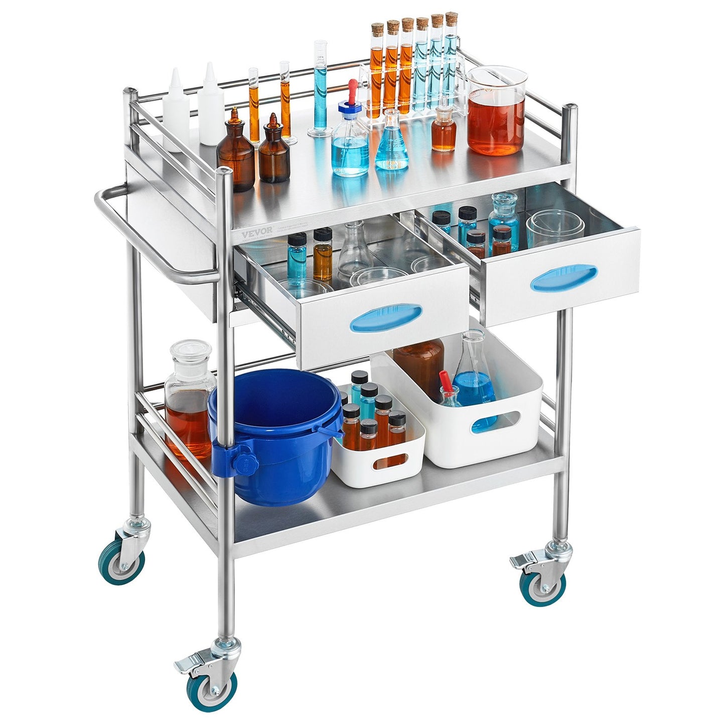 Stainless Steel Medical Utility Cart 2 Tier Rolling Trolley with Drawers Lockable Wheels