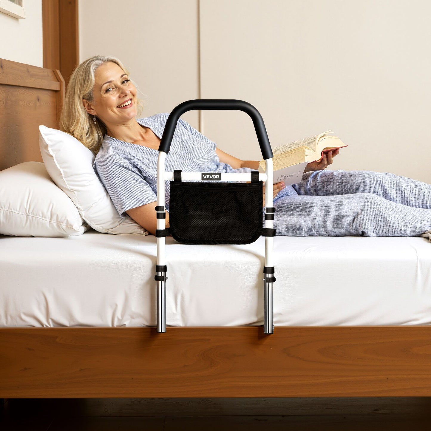 Bed Rail for Elderly, Bedside Assist Rails with PU Handrail, Adjustable Height Pipe Bedside Cane, High-Strength Carbon Steel Bed Bars for Seniors & Patients, Fits King, Queen, Full, Twin
