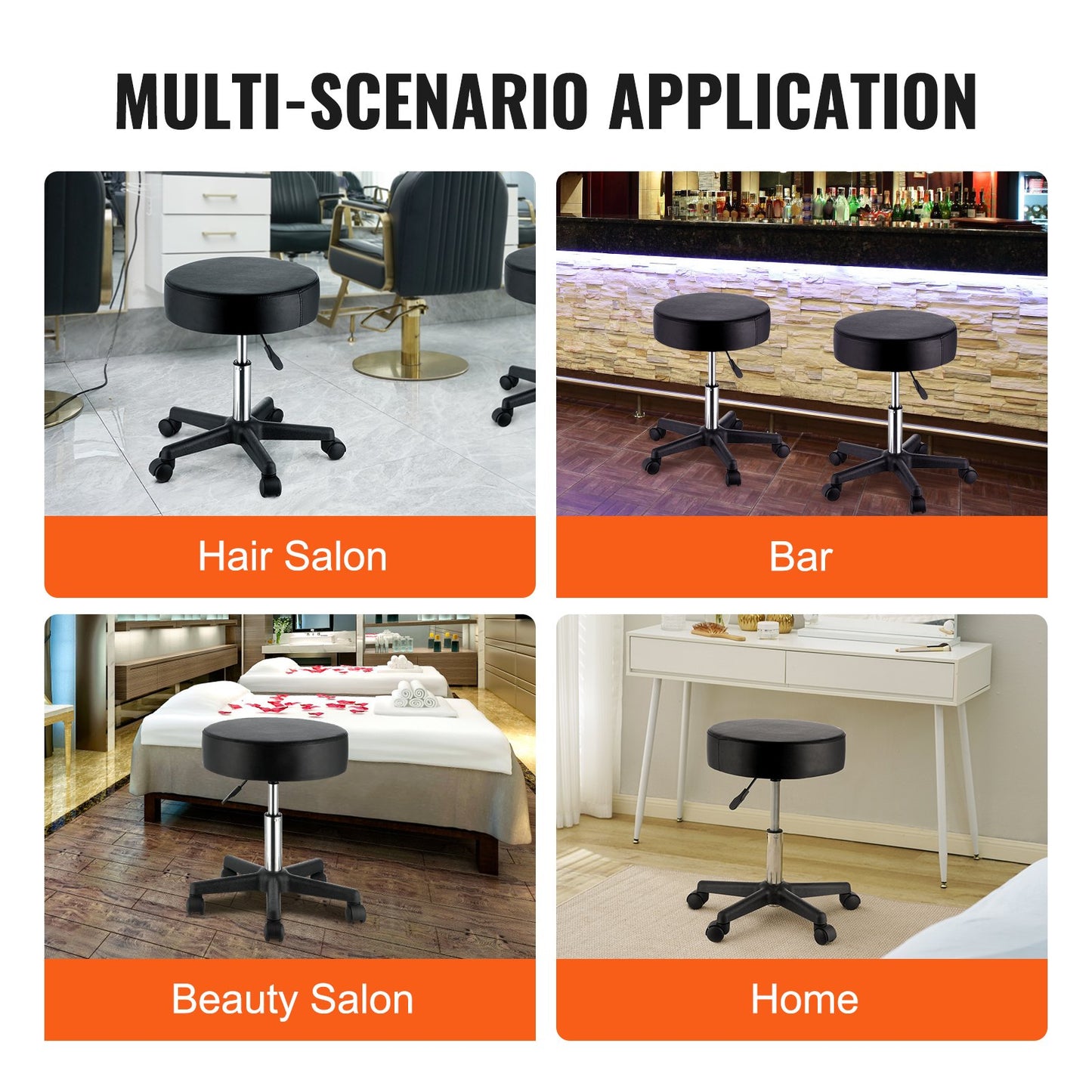 Rolling Stools with Wheels, 400 LBS Weight Capacity Adjustable Height Stool with Ultra-Thick Seat Cushion, Swivel Stools Chair for Salon, Bar, Home, Office, Tatoo, Medical, Massage, Black