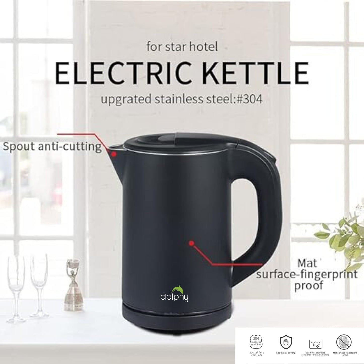 0.8L Stainless Steel Electric Kettle Hotel & Home Use - Black