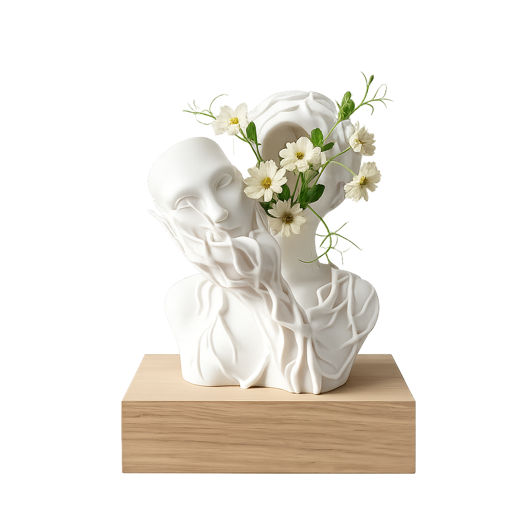 A 3D-printed vase shaped like a goddess of nature. Let go of pretense. Stay in nature.