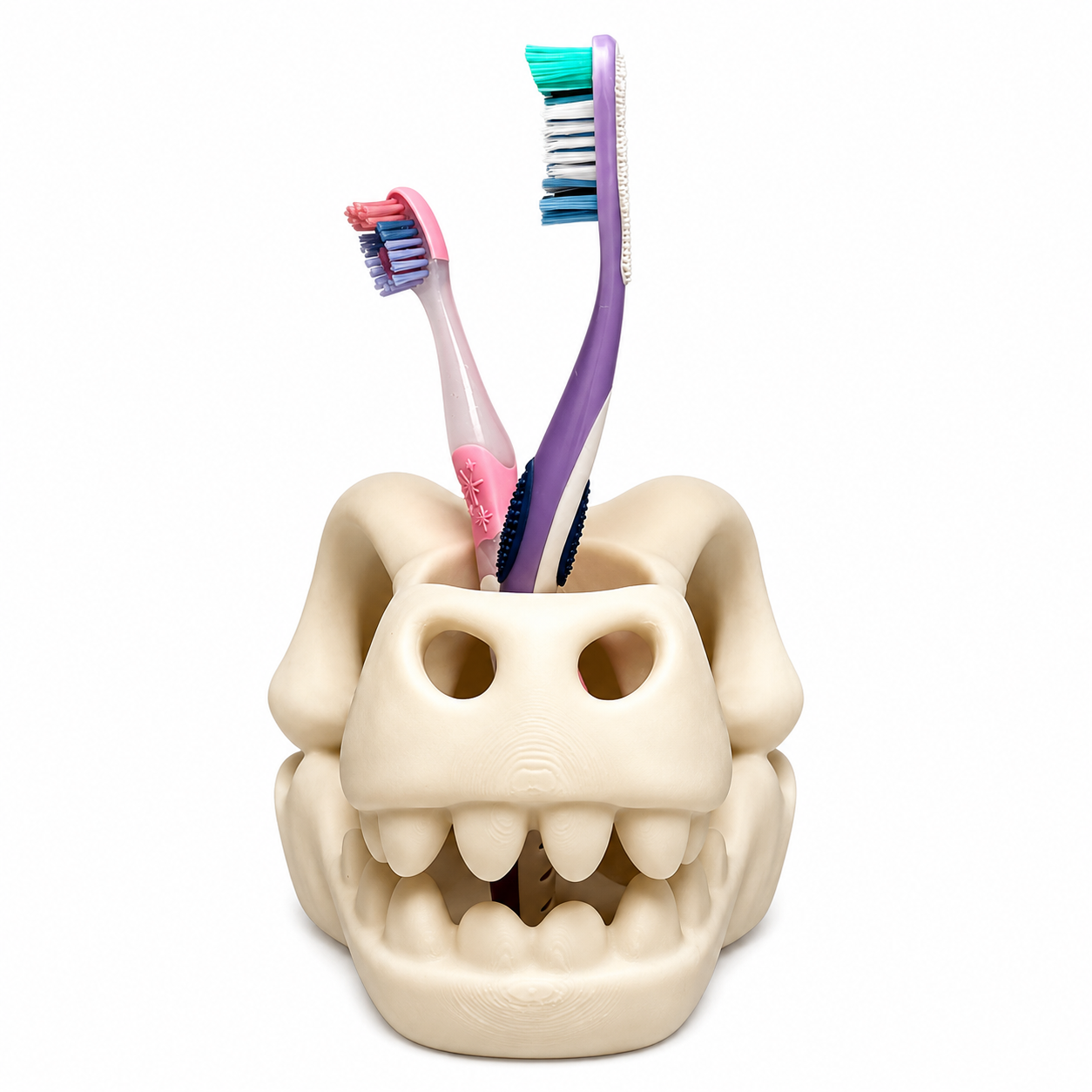 3D-printed dinosaur skull toothbrush holder, white