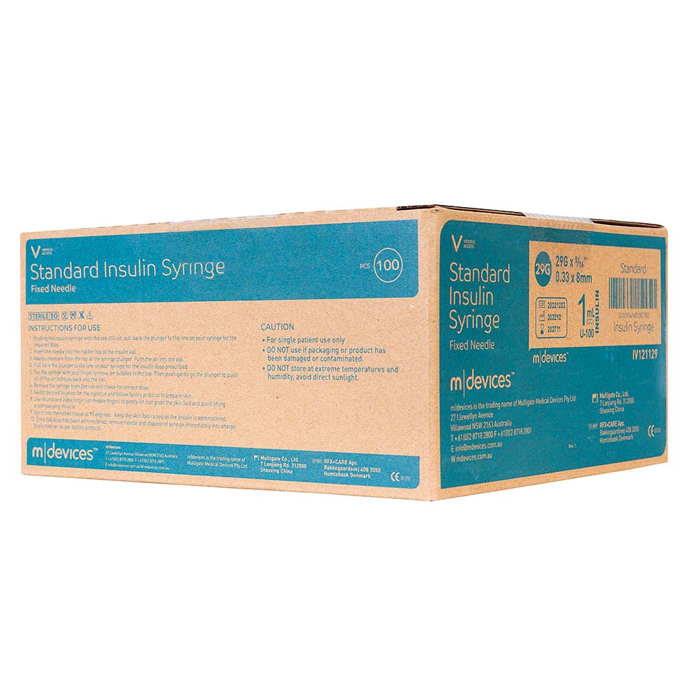 1mL Insulin Syringe with Fixed Needle – Sterile Disposable, Box of 100